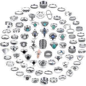82 Pcs Vintage Silver Knuckle Rings Set for Women,Bohemian Stackable Finger Ring